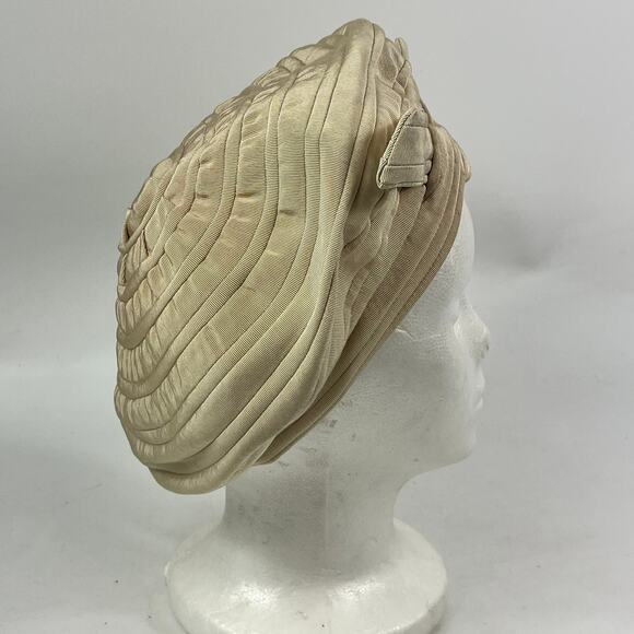 Vtg Brighton Of California Cream Pleated Turban 22.5 Hat Structured Ribbon Bow main image 5